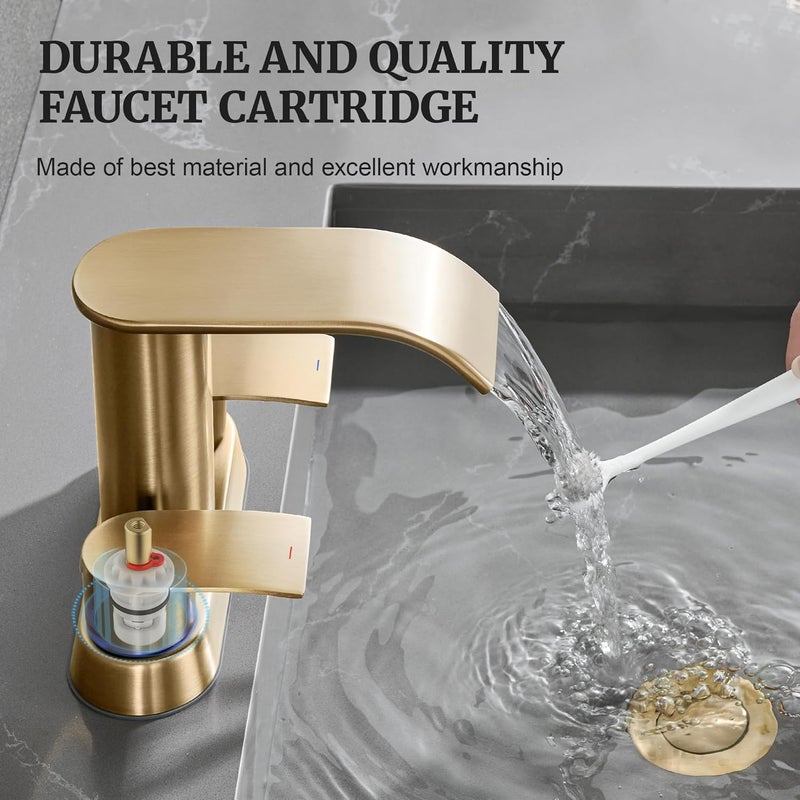 Ultimate Unicorn Bathroom Faucet for Sink Champagne Bronze, 4 Inch Bathroom Faucet for 3 or 2 Holes, 2 Handle Waterfall Faucets with Pop up Drain, Centerset Faucets for RV, Patent No. : US D983,326 S - Image 4